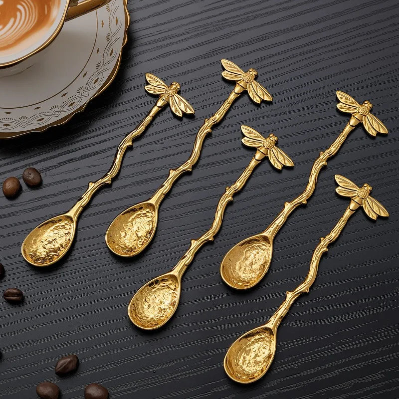 Retro Metal Coffee Spoon Dragonfly Branches Leaves Shape