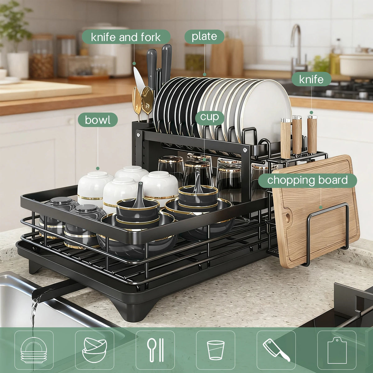 2-Layer Dish Drain Rack Is Suitable Countertop Metal
