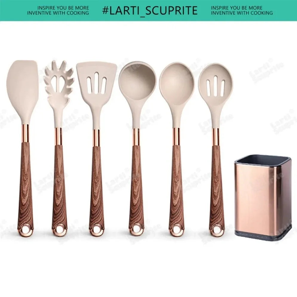 Gold Plated Handle Silicone Cooking Utensils Non-Stick Bpa