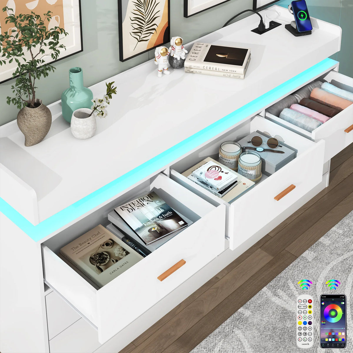 Drawer Dresser Led Light Charging Station Modern Chest