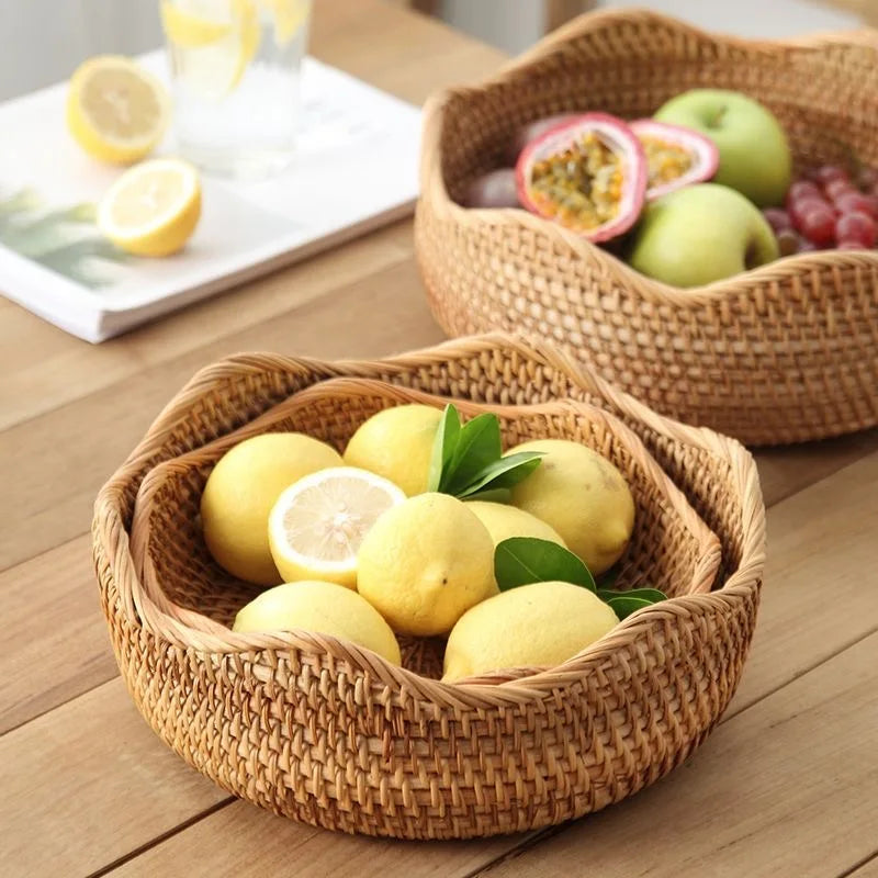 Round Rattan Fruit Basket Wicker Woven Snack Tray