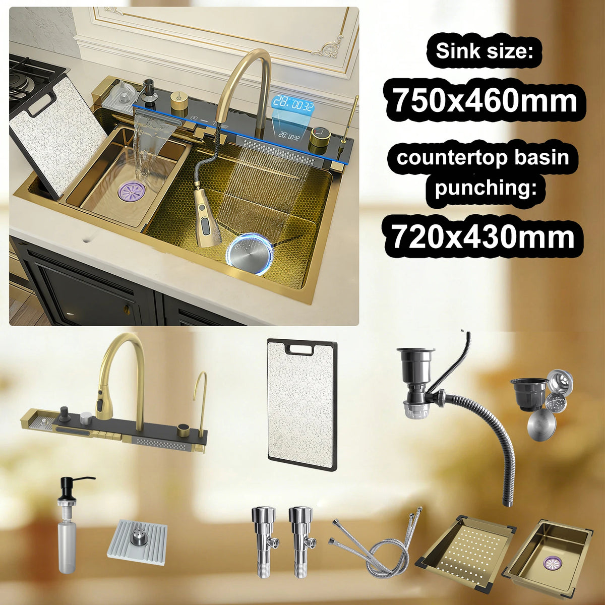 Stainless Steel Sink Digital Display Waterfall Large Slot