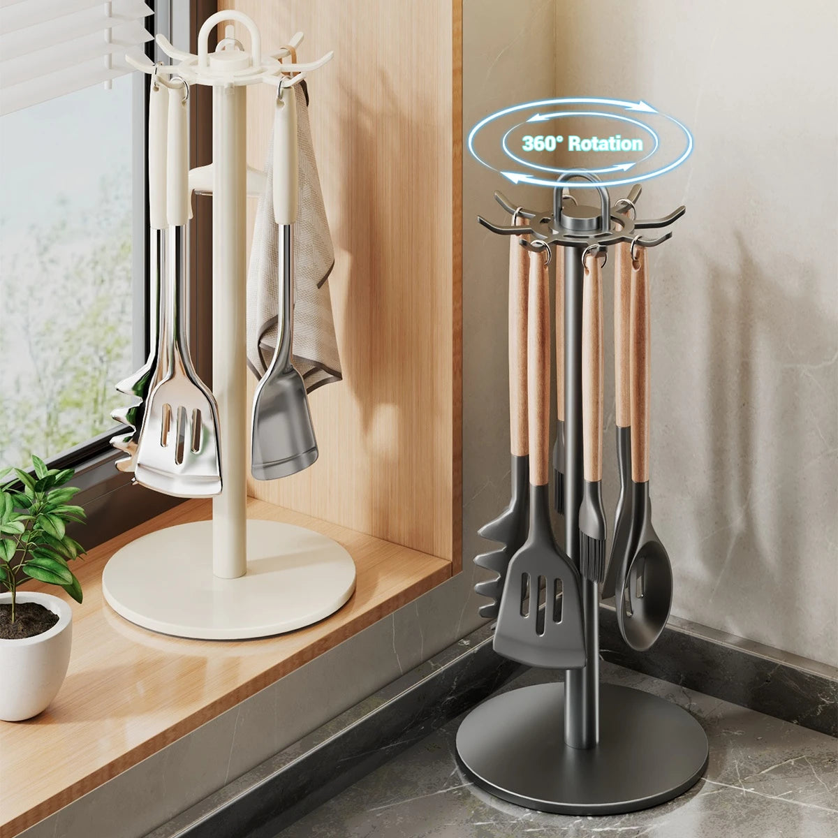 Utensil Stand Rotating Storage Hanger Hooks Countertop