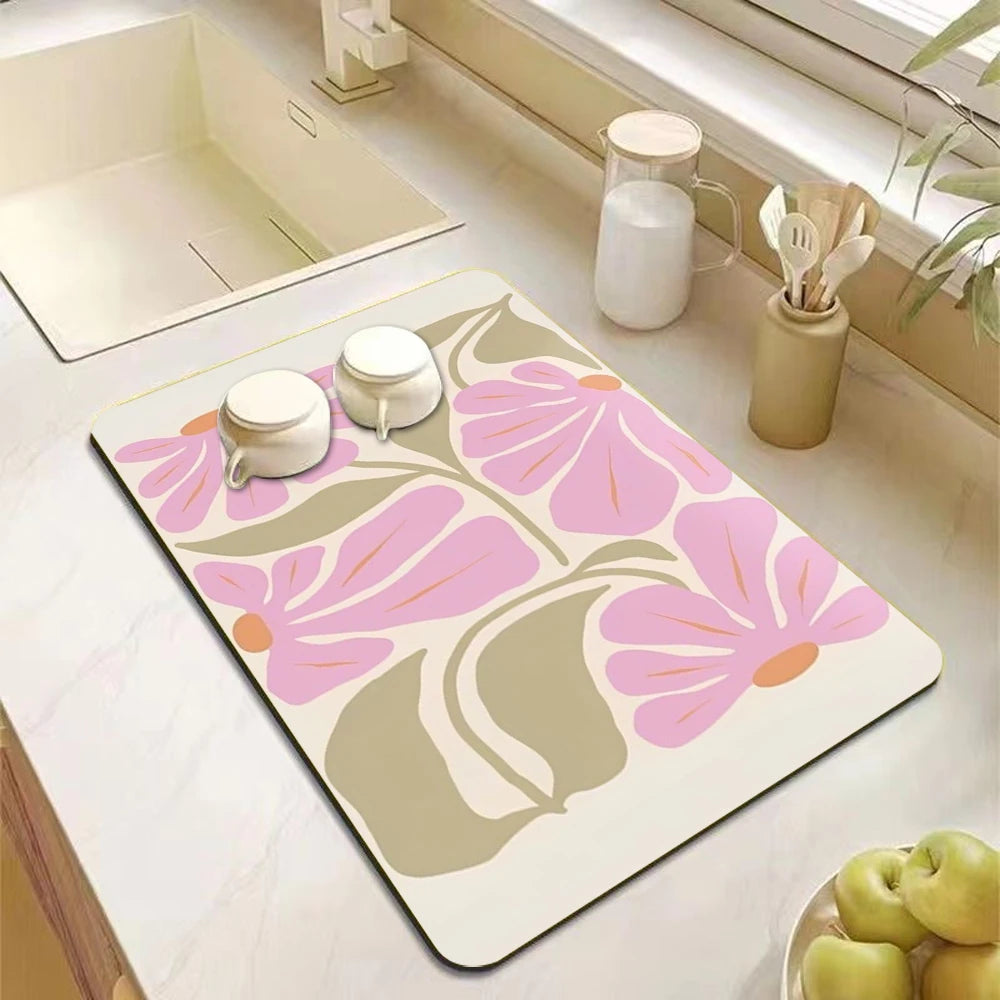 Abstract Floral Art Absorbent Drain Pad Mats Dish