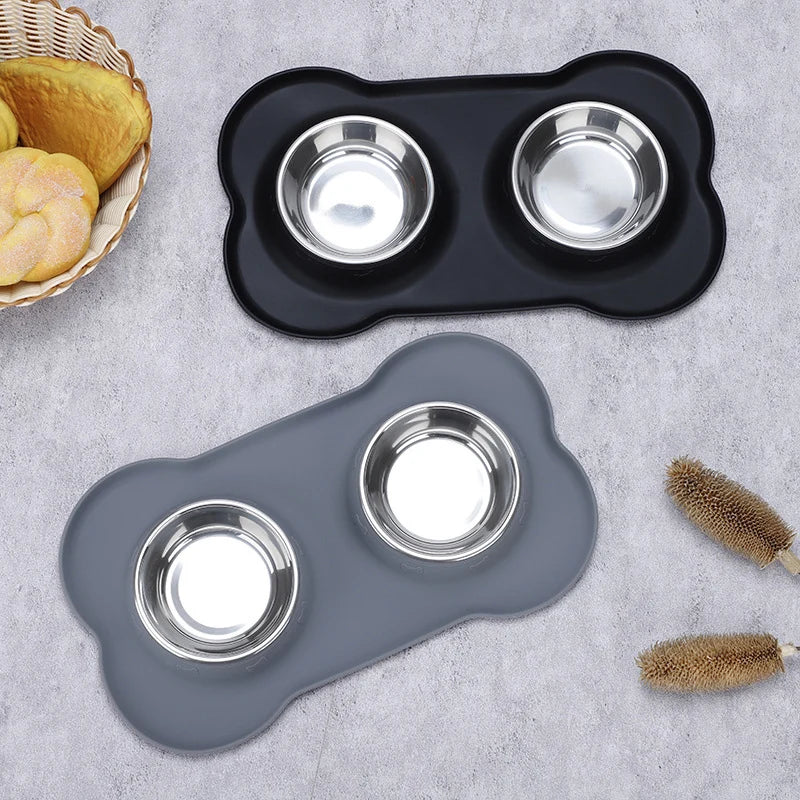 Antislip Double Dog Bowl Silicone Mat Durable Stainless