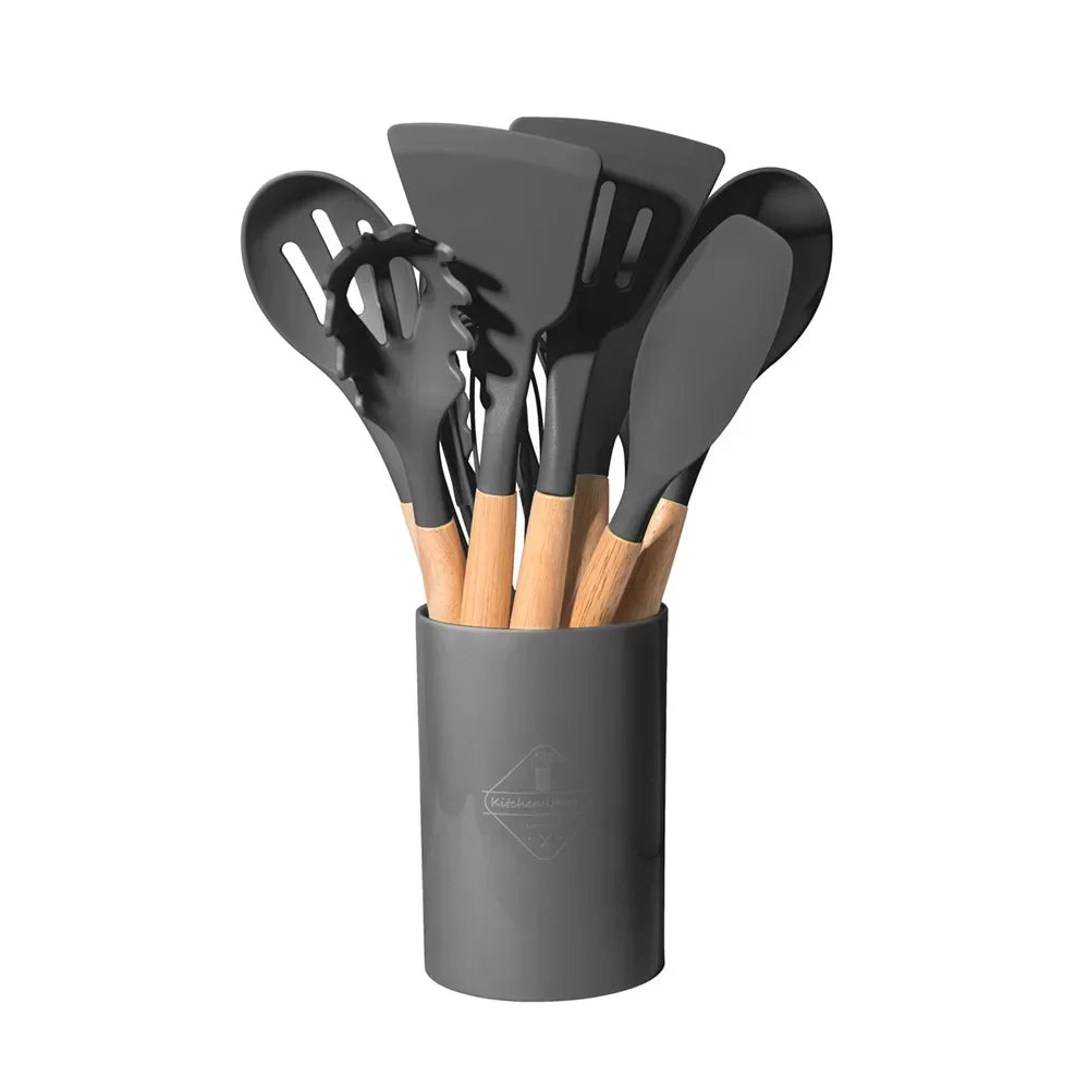 12pcs Of Multi-Color Silicone Wooden Handle Kitchenware Non