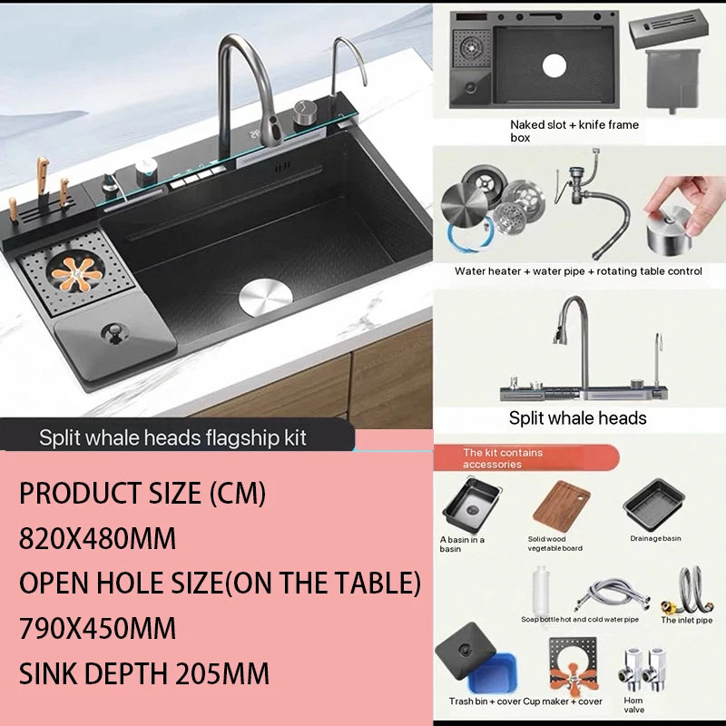 304 Stainless Steel Waterfall Sink Digital Display Large
