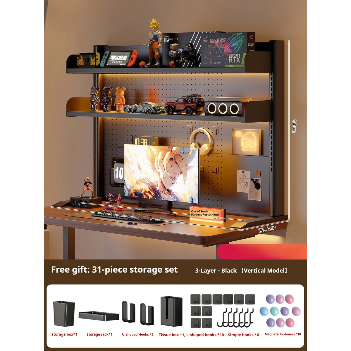 Clamp On Desk Shelf Pegboard Adjustable 2/3 Tier