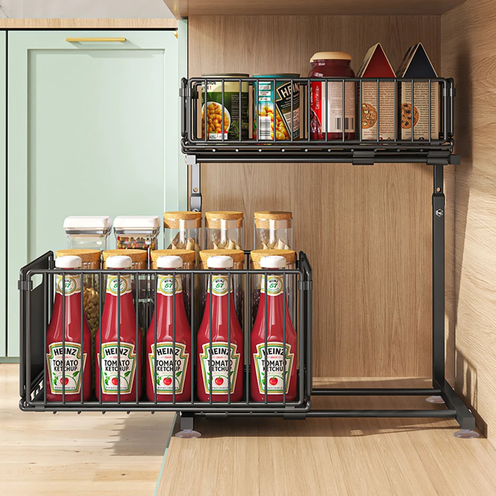 2-Tier Pull Out Cabinet Organizer Adjustable Height Sliding
