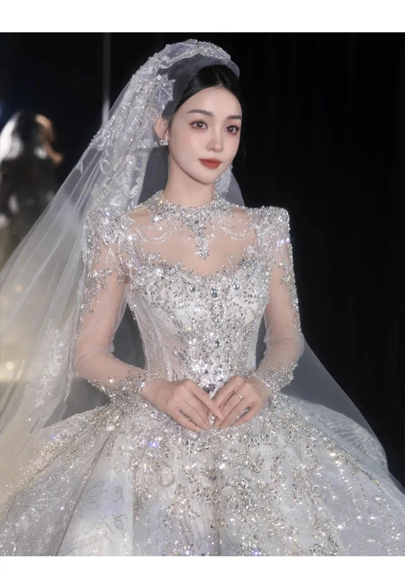 Full Sleeve Wedding Dresses Shinny Wedding Dress Classic