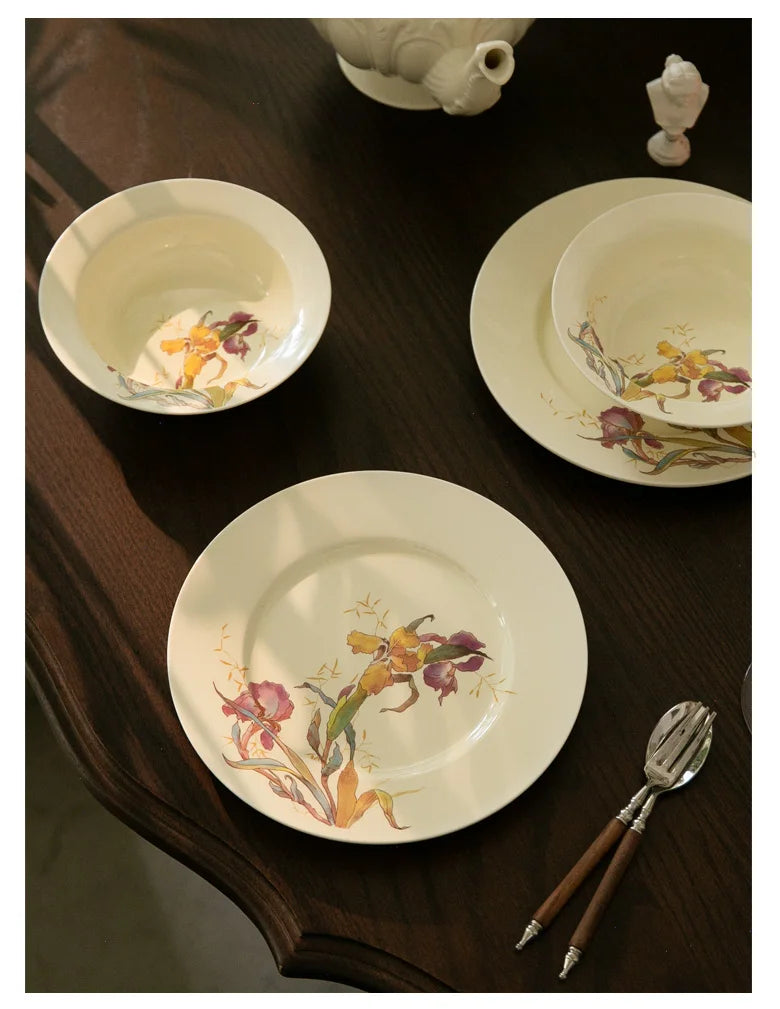 Ceramic Dinner Plate French Iris Dessert Bowl Dishes