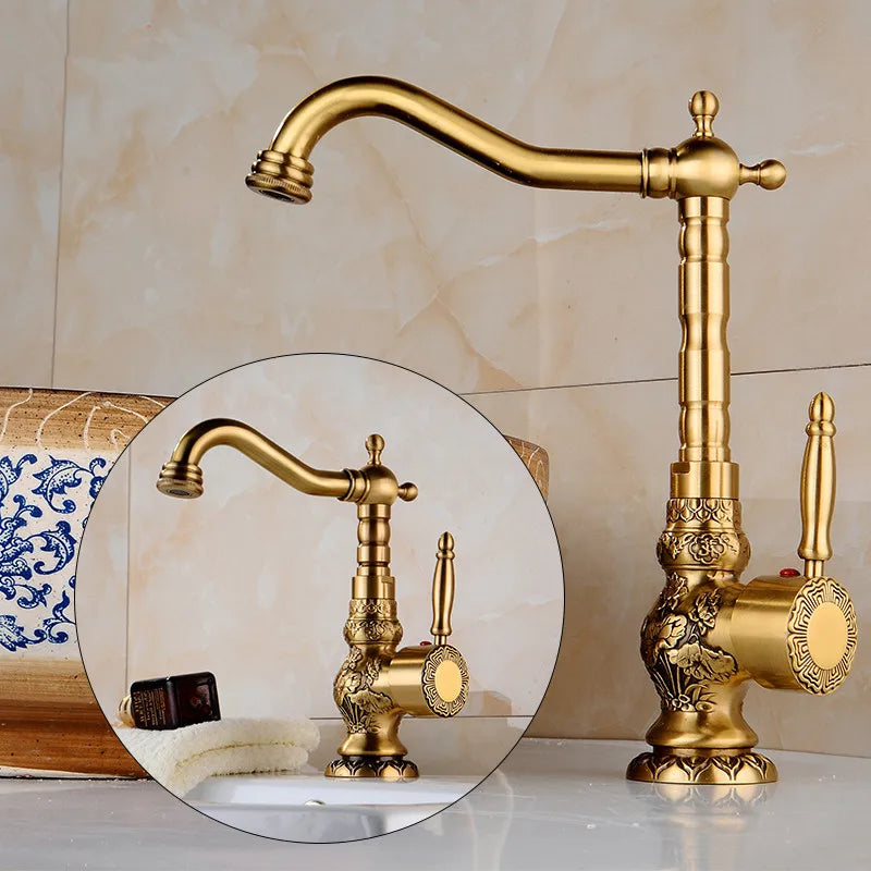 Tuqiu Antique Brass Bathroom Faucet Carved Deck Mounted
