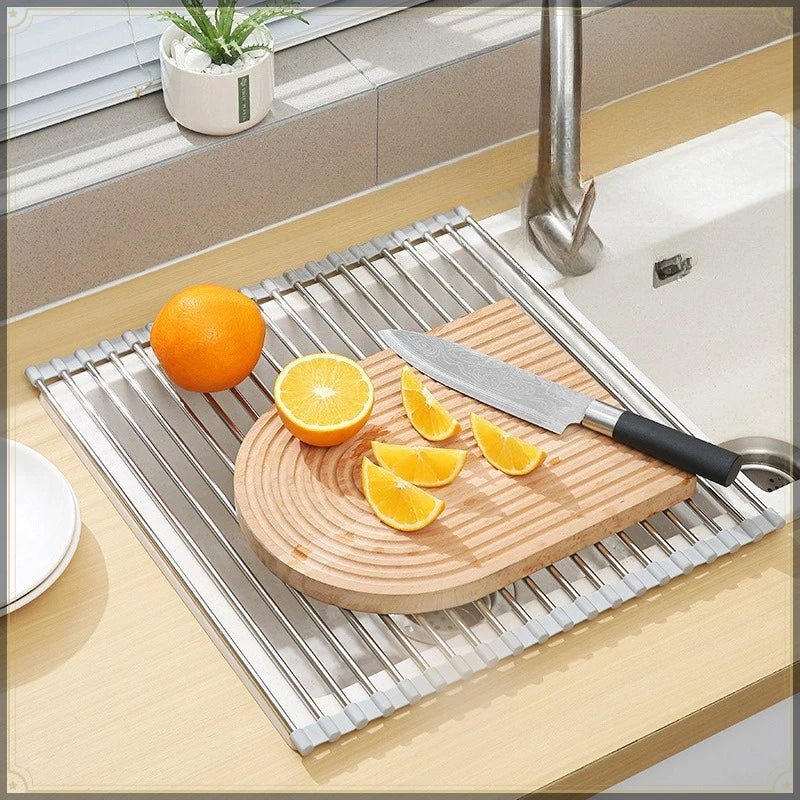 Roll Up Sink Drain Rack Stainless Steel Foldable