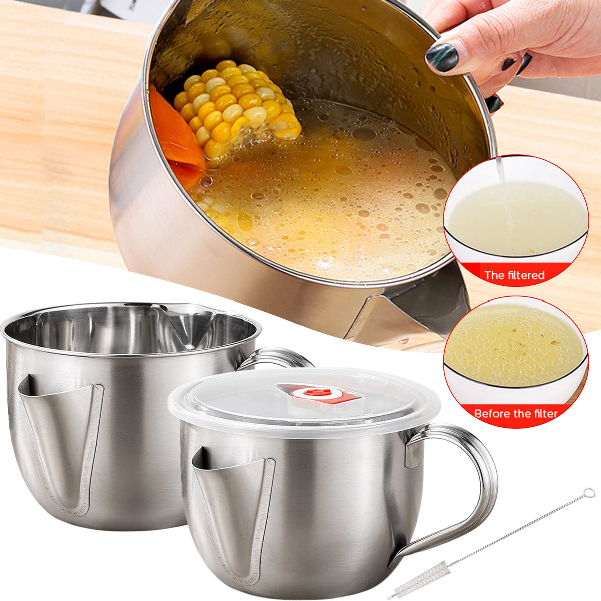 1000ml Stainless Steel Oil Filter Soup Pot Grease