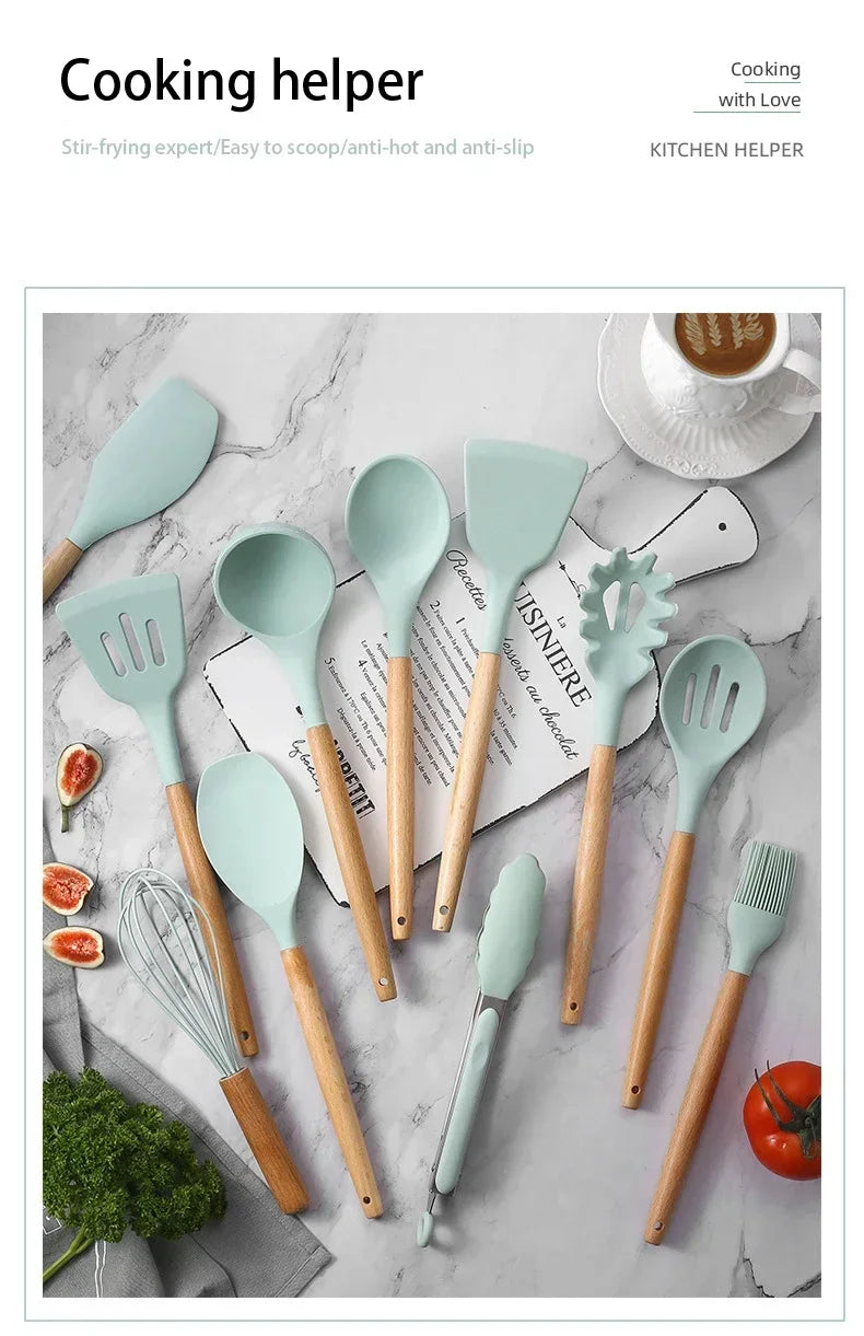 12pcs Of Multi-Color Silicone Wooden Handle Kitchenware Non