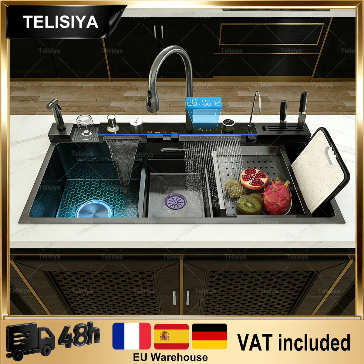 Stainless Steel Sink Digital Display Waterfall Large Slot
