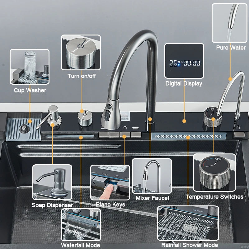 Stainless Steel Sink Faucet Digital Display Large Bowl