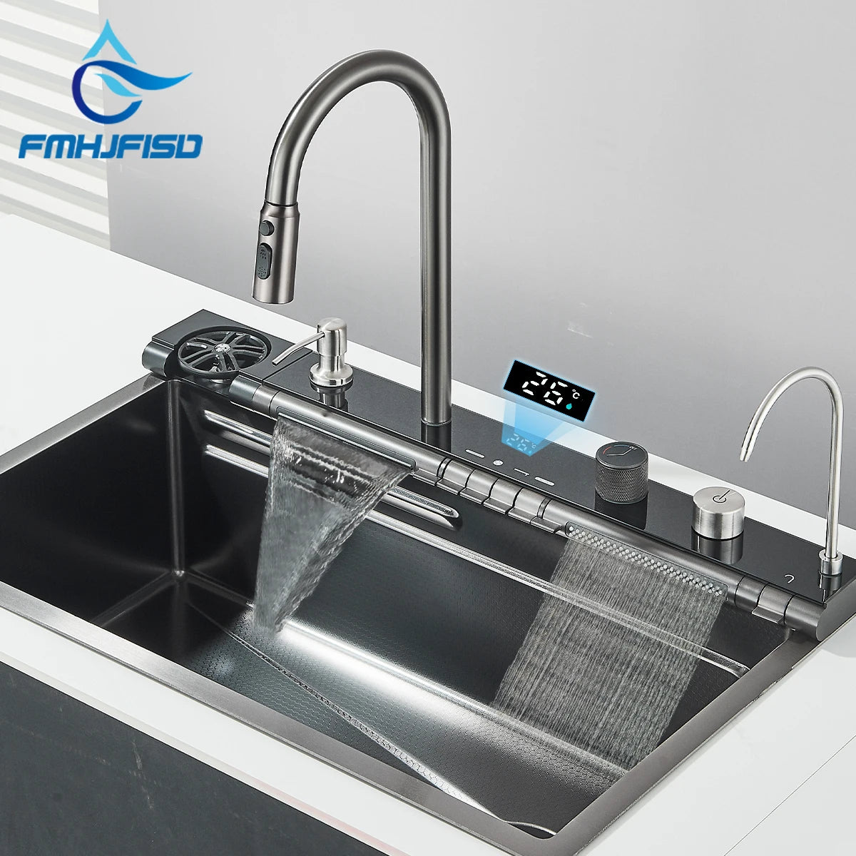 Stainless Steel Waterfall Sink Digital Display Large Sink