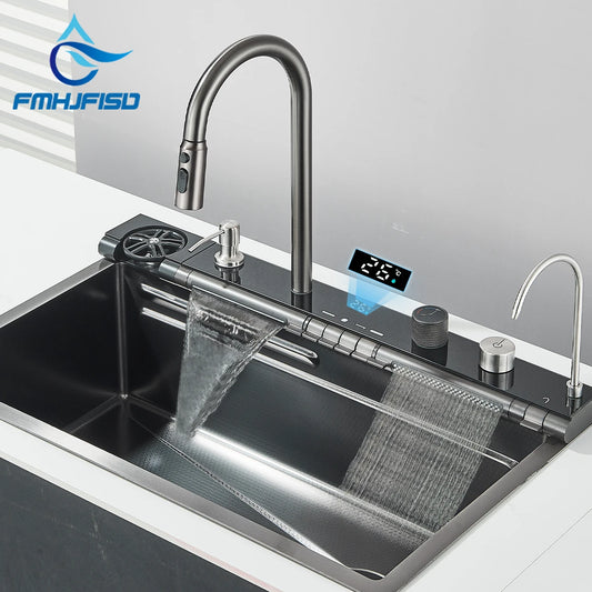 Stainless Steel Waterfall Sink Digital Display Large Sink