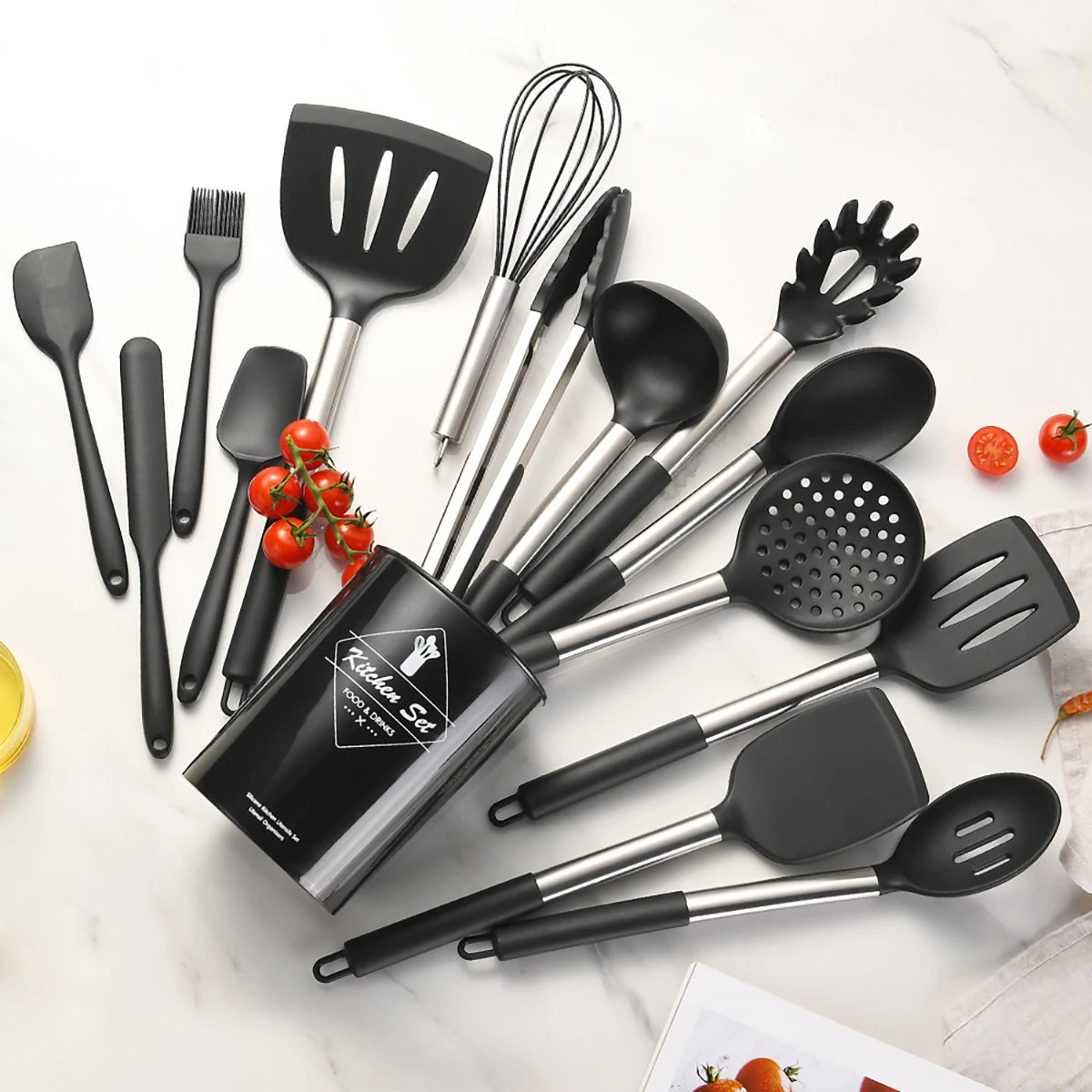 15pcs Silicone Kitchenware Stainless Steel Handle Cooking