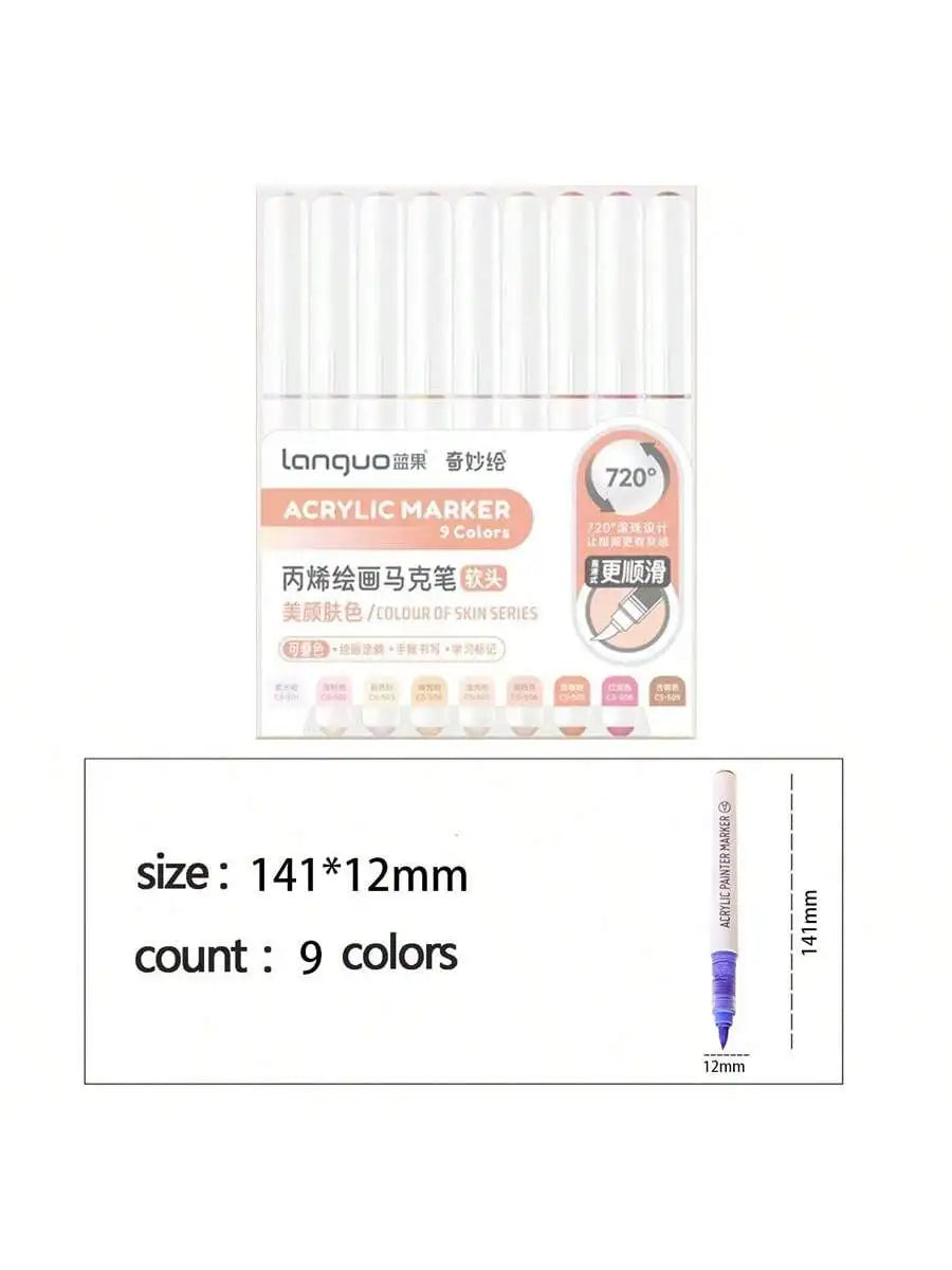 Languo 9pcs/Box Soft Brush Acrylic Marker Pen Diy