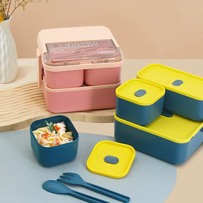 Justinlau 1100/1800ml Layer Compartment Lunch Box Kids Fork