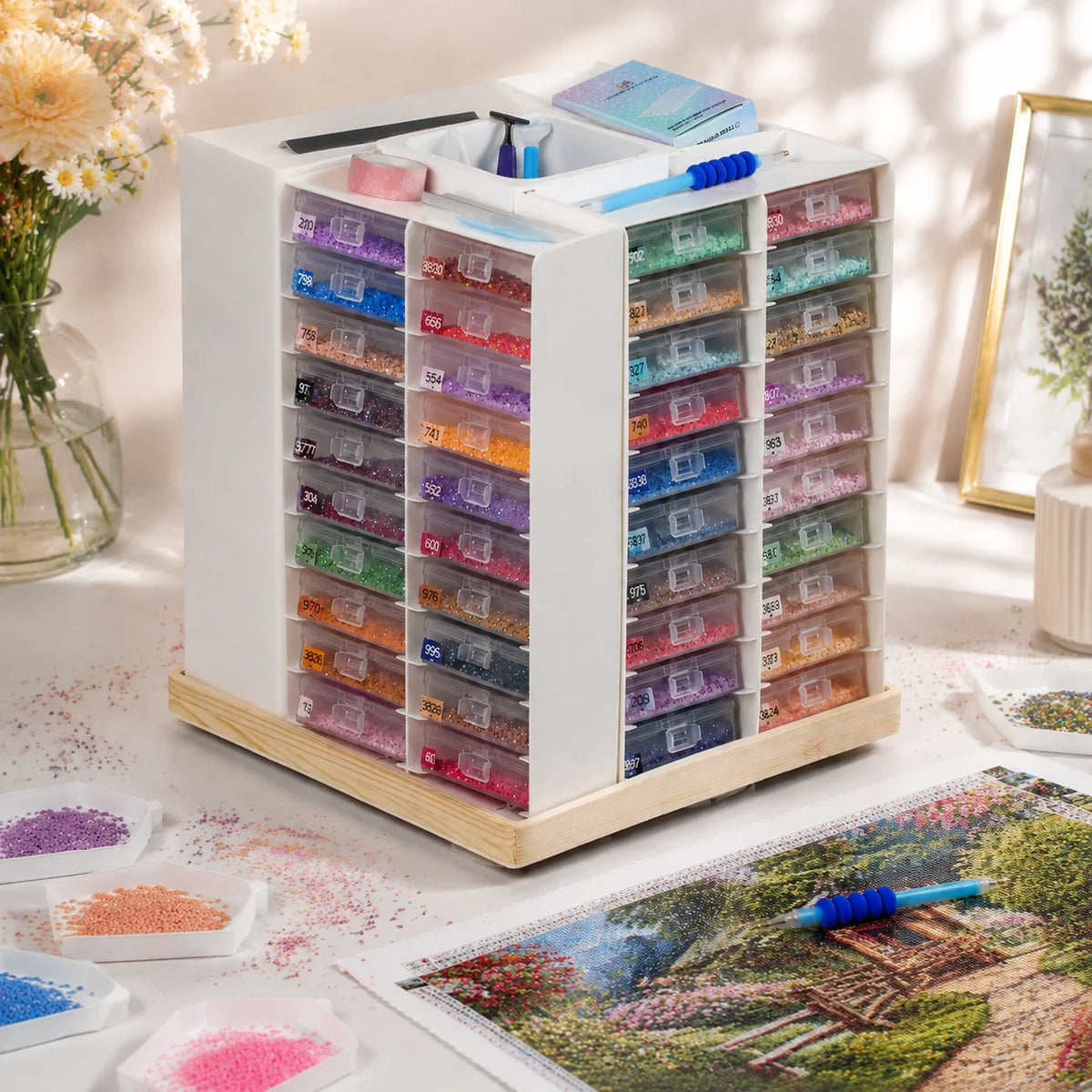 Foreveryoung Rotatable Diamond Storage Rack 80 Trays Wood