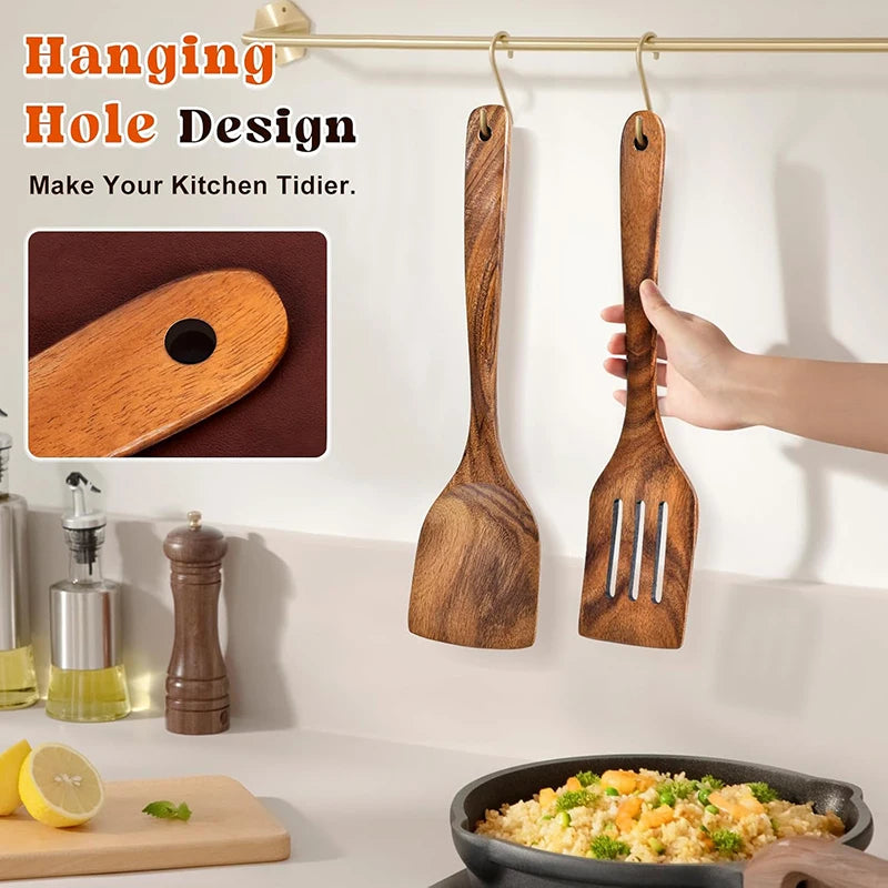2pcs Wooden Spatula Acacia Wood Long Handle Flat