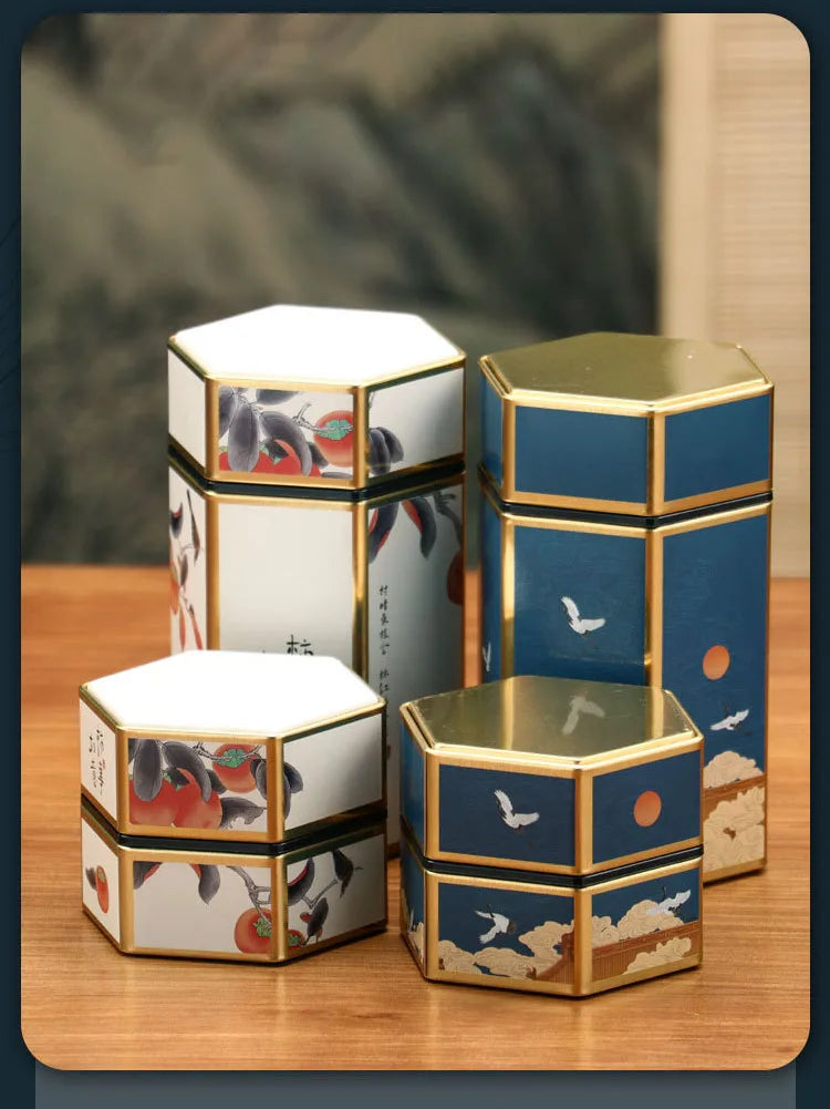 Tea Organizer Lids Hexagonal Tinplate Food Storage Jars