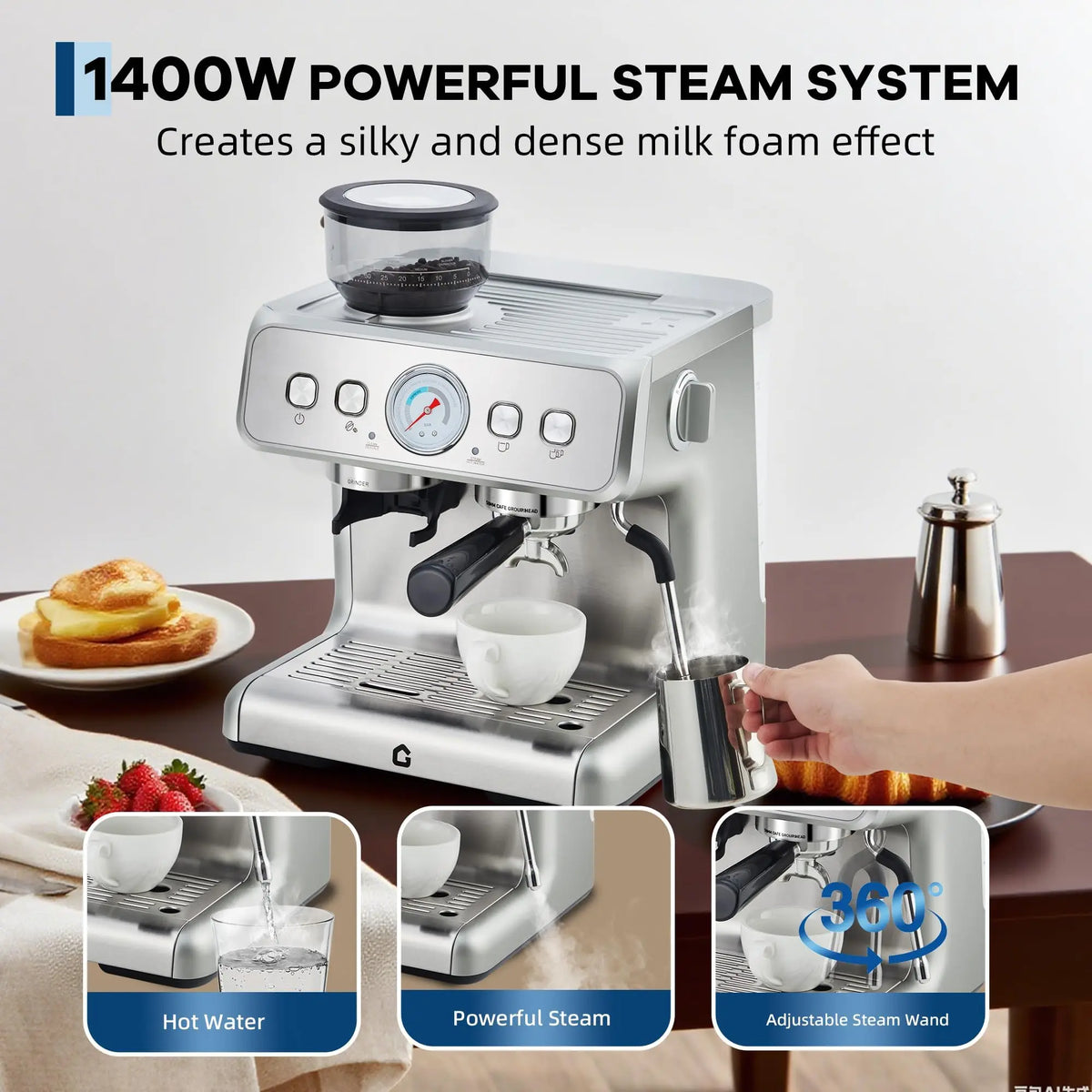 Espresso Machine Grinder 20 Bar Stainless Steel Pressure