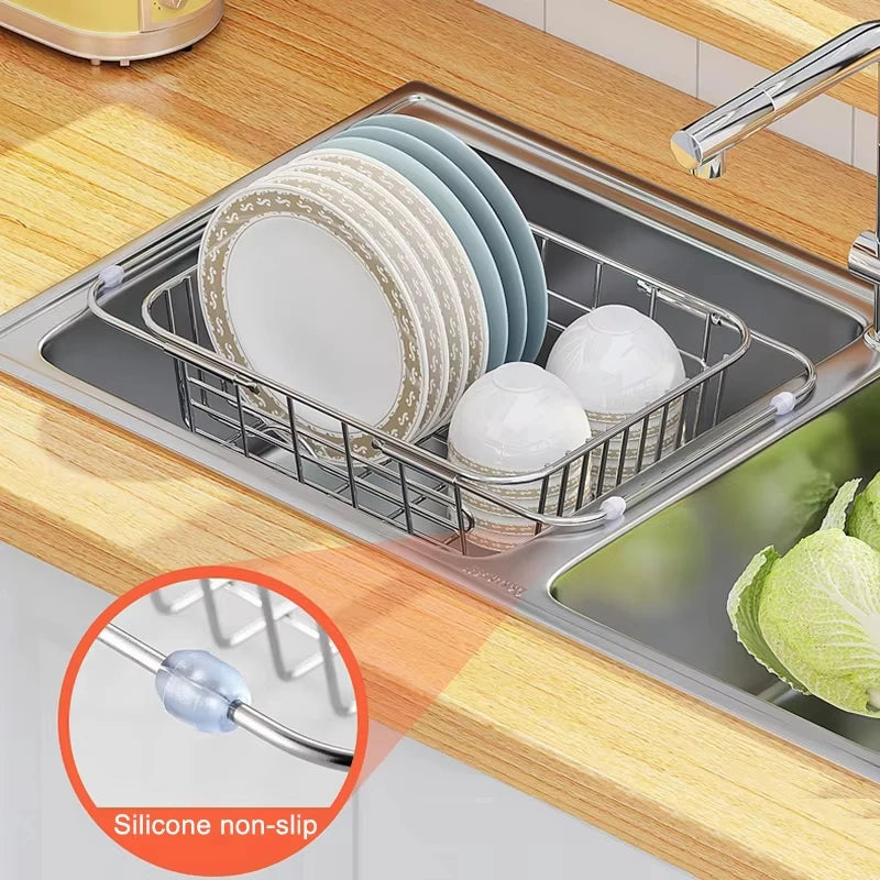 Adjustable Drain Baskte Stainless Steel Sink Tableware Rack