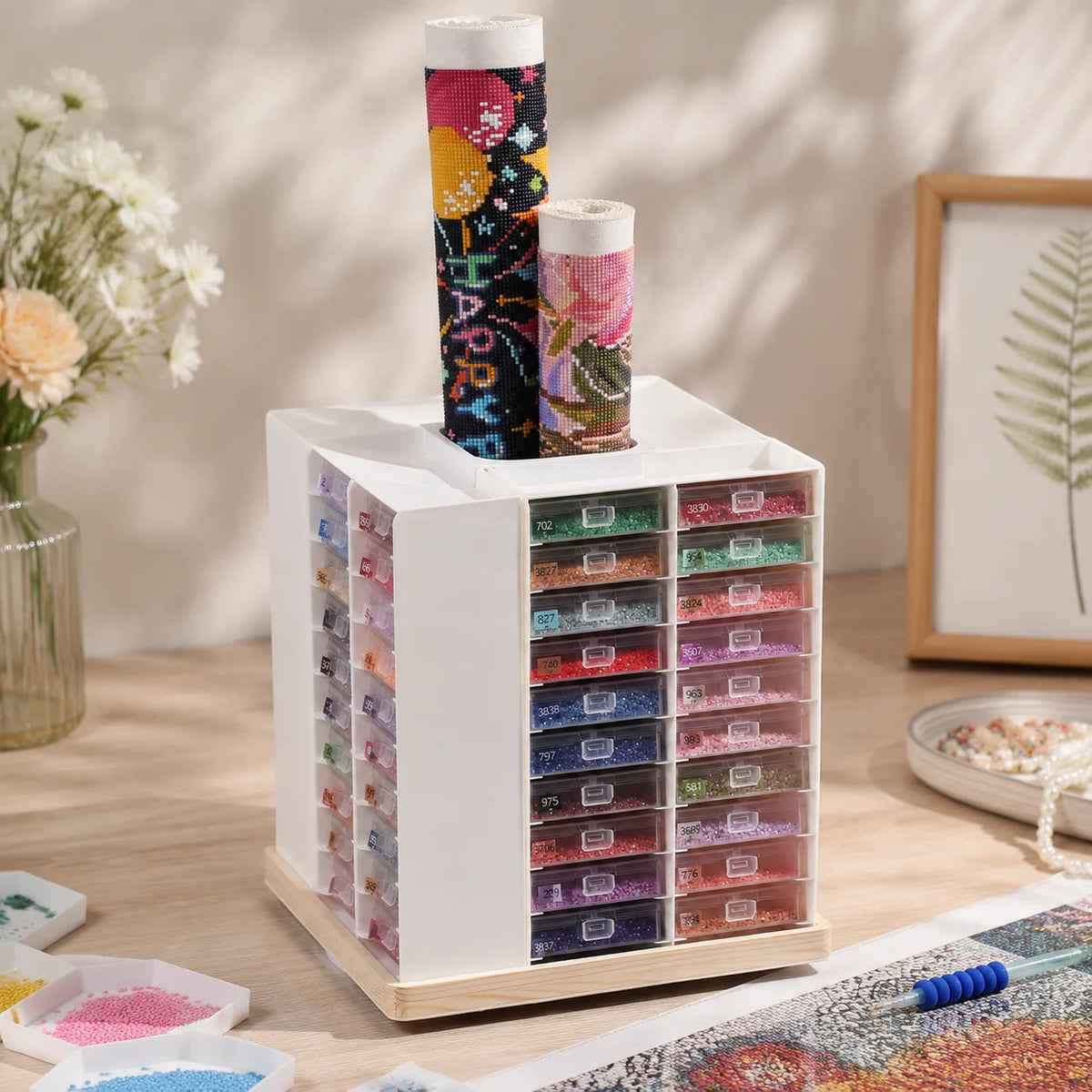 Foreveryoung Rotatable Diamond Storage Rack 80 Trays Wood