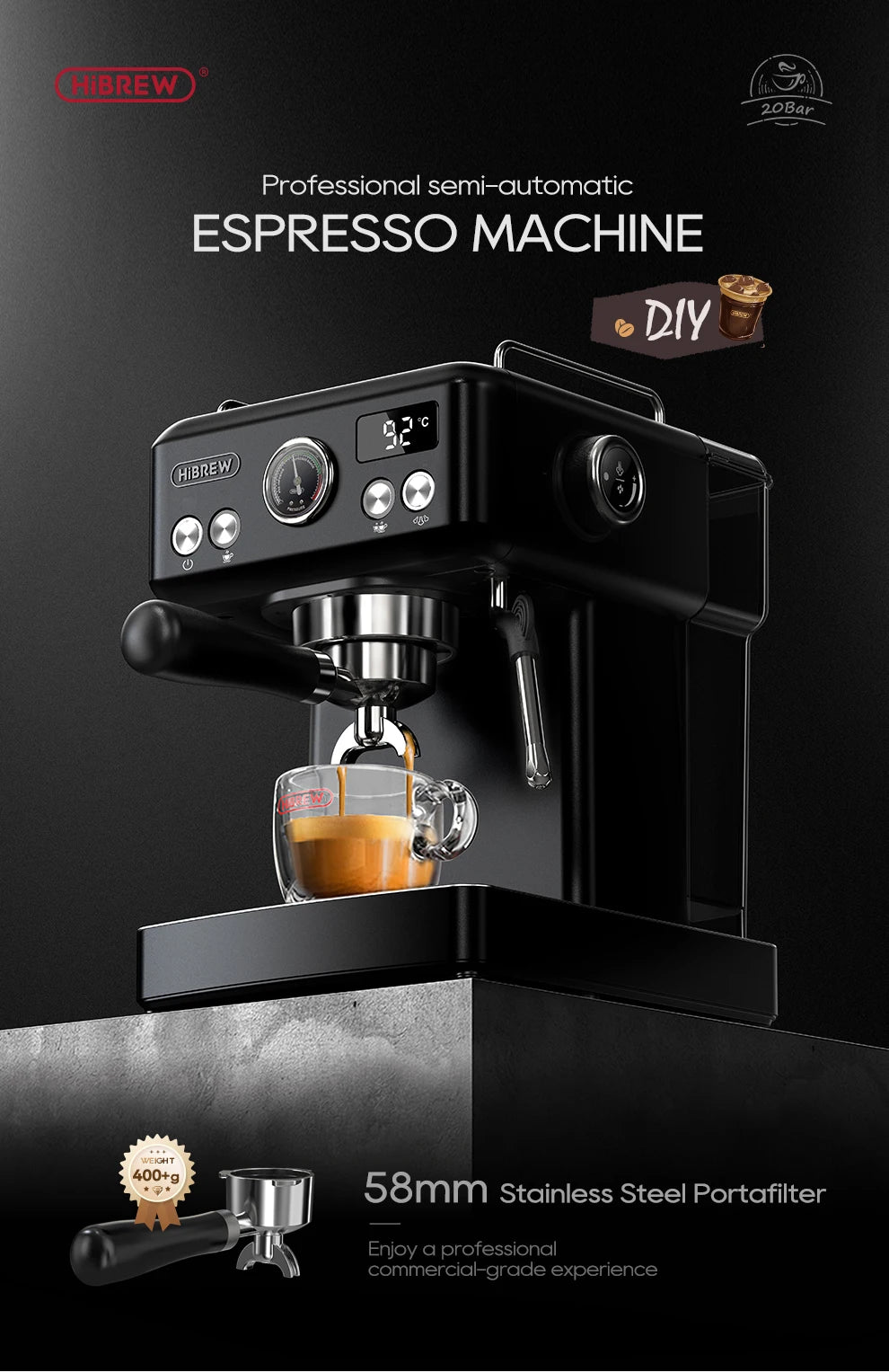 Hibrew H10a Black Espresso Machine Temperature Volume Pre