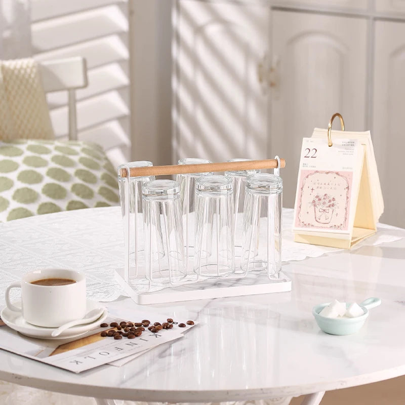6-Cup Glass Cup Drying Rack Wooden Handle Countertop