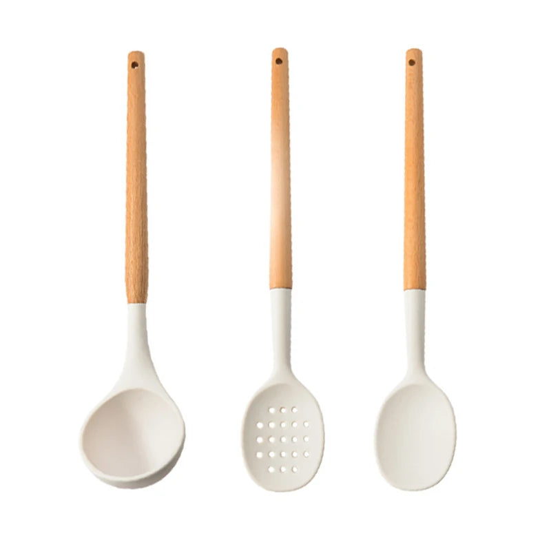 White Silicone Wooden Handle Soup Spoon Spatula Brush