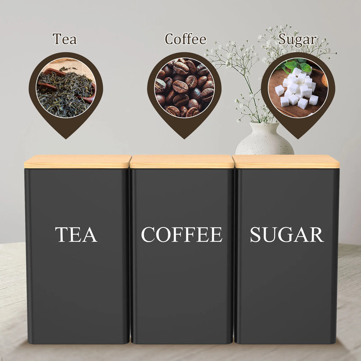 3pcs Coffee Bean Tea Sugar Jars Vacuum Sealed