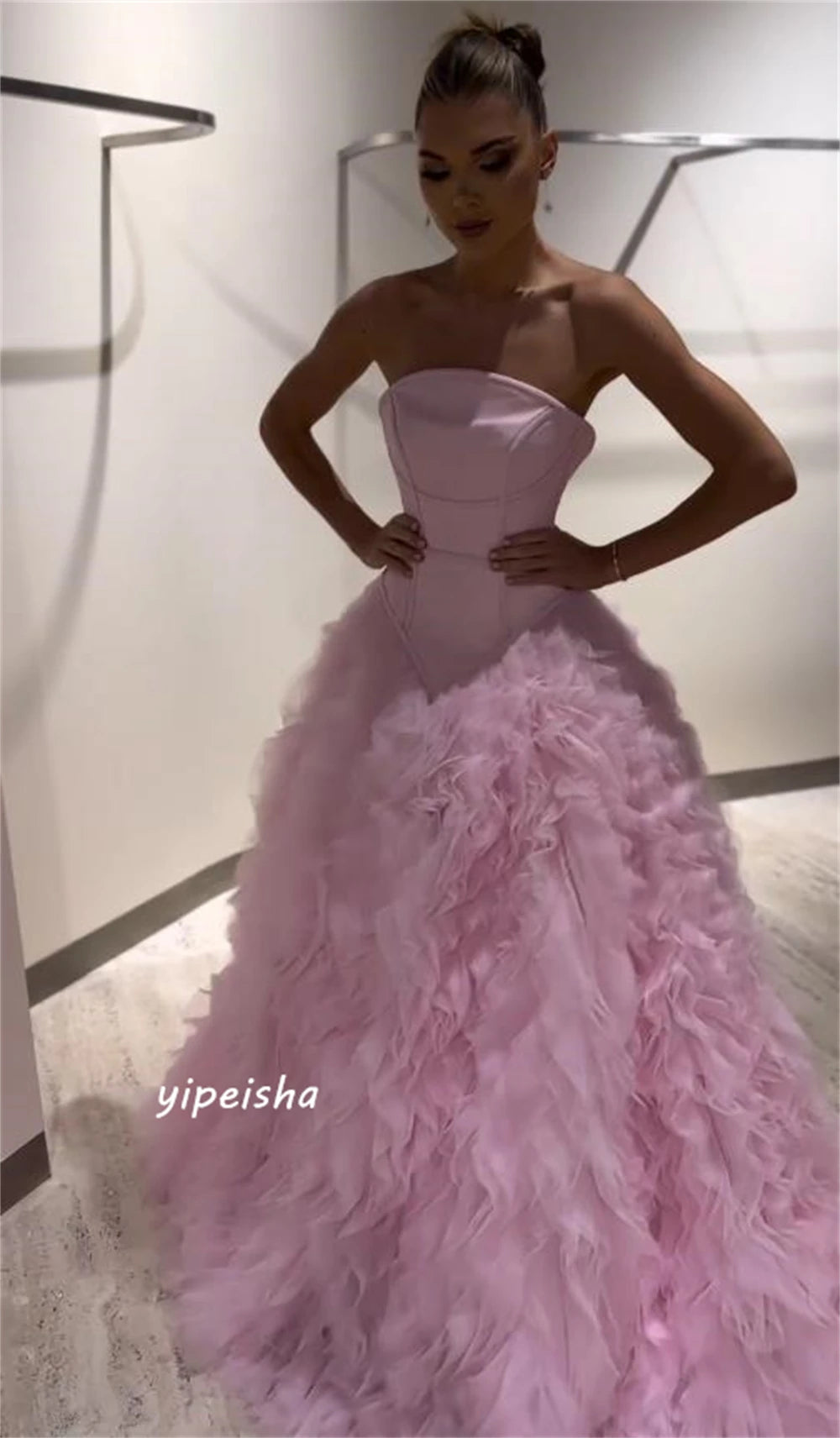 Customized Women Intricate Strapless Ball Gown Quinceanera Open