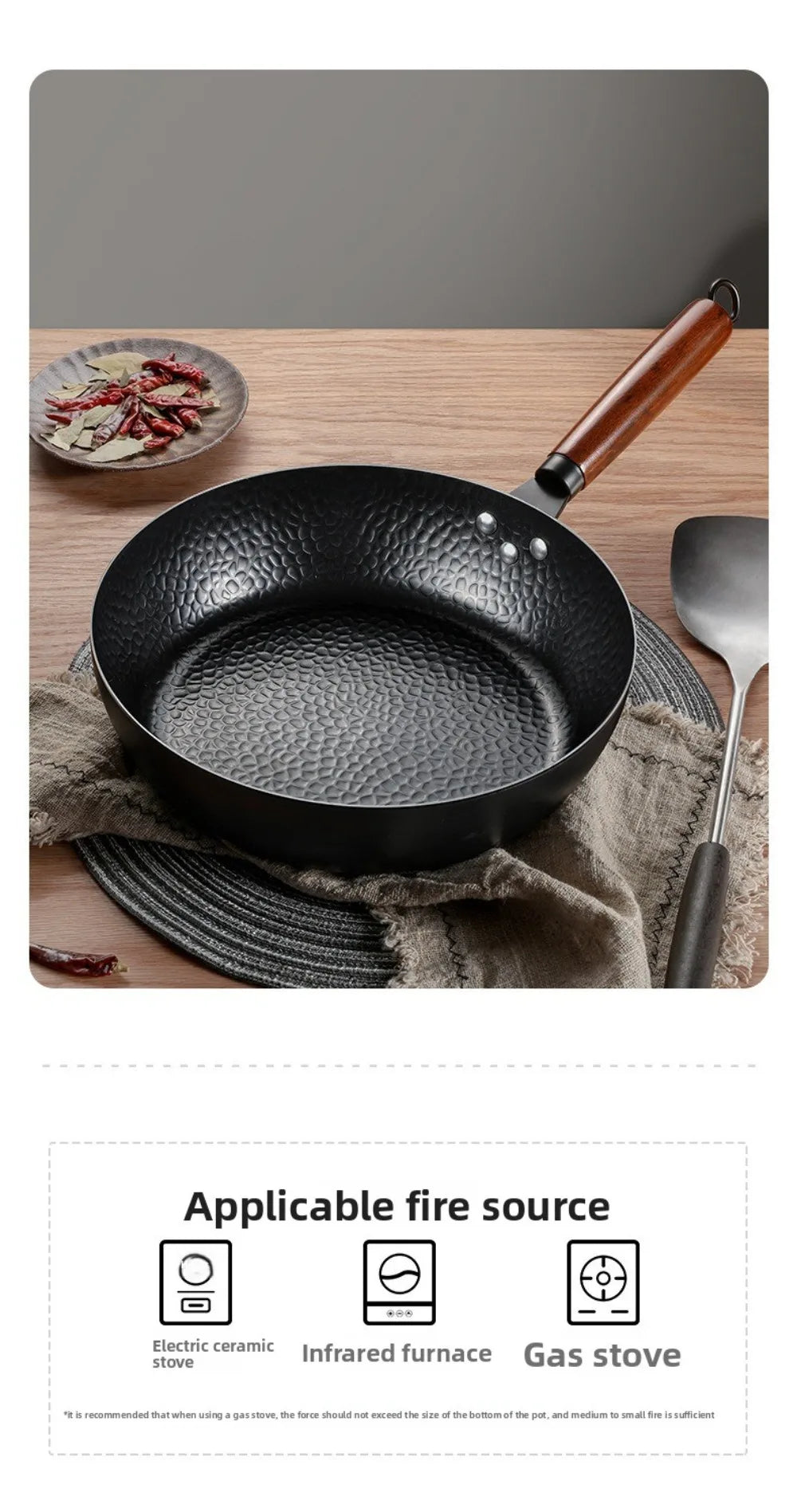 Hand Forged Cast Iron Pan Wooden Handle Uncoated