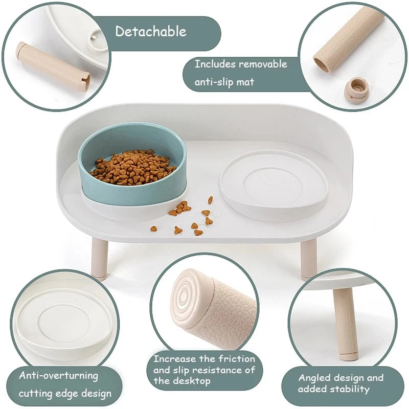 Cat Double Bowl Safety Wood Stand Silicone Mat