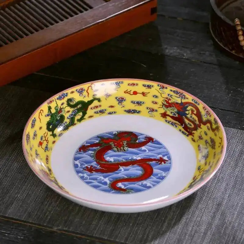 Ceramic Dragon Dish Chinese Bone Porcelain Deep Flat