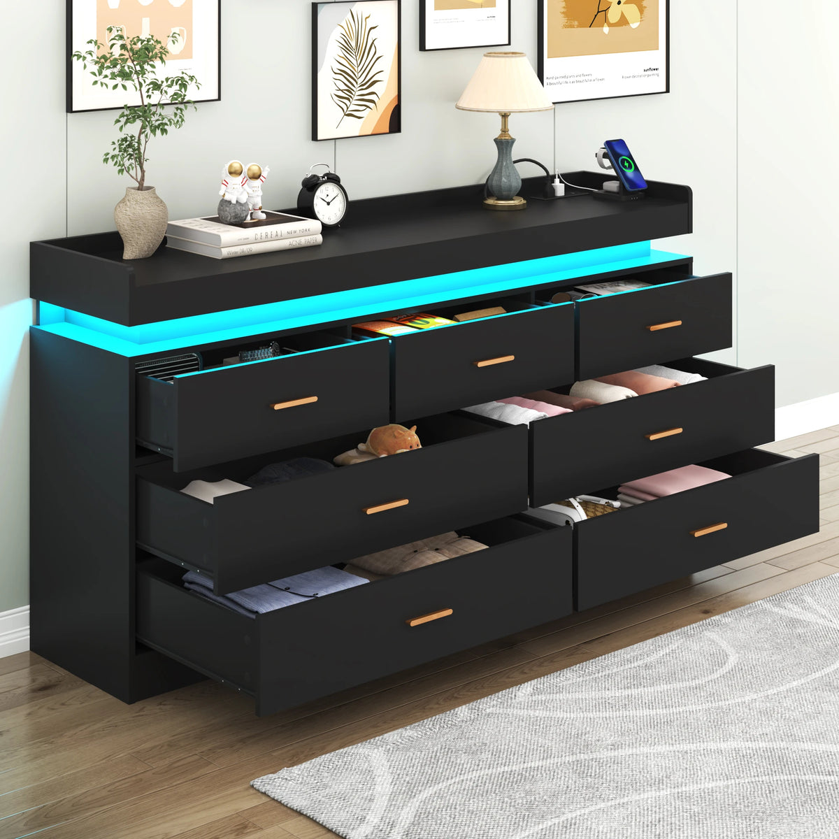 Drawer Dresser Led Light Charging Station Modern Chest