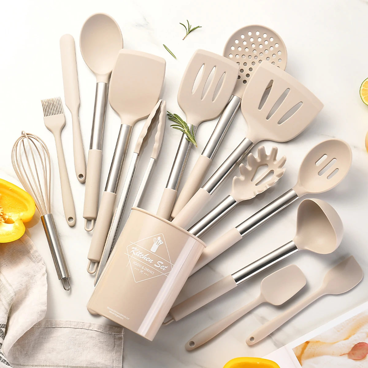 15pcs Silicone Kitchenware Stainless Steel Handle Cooking
