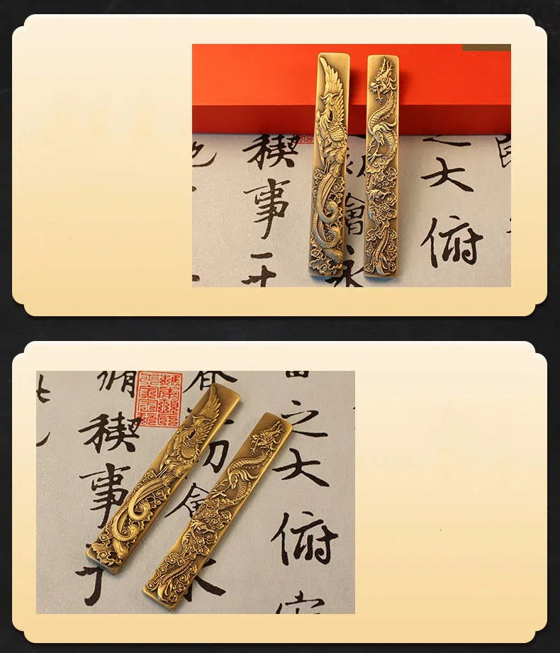 Chinese Style Brass Paperweight Antique Hand Painting Calligraphy