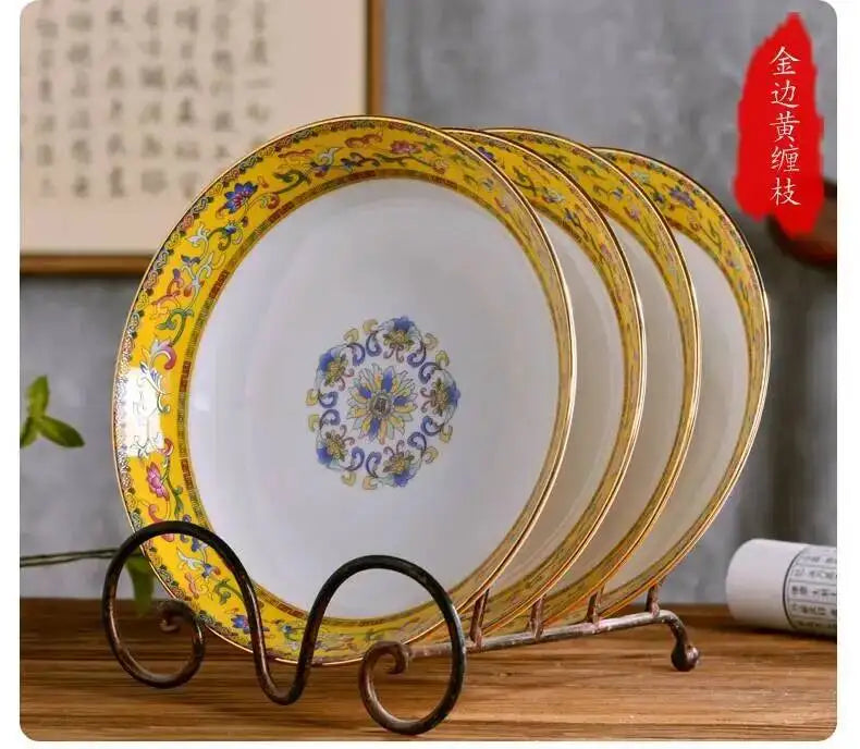 Gold Border Enamel Deep Plate Chinese Bone China