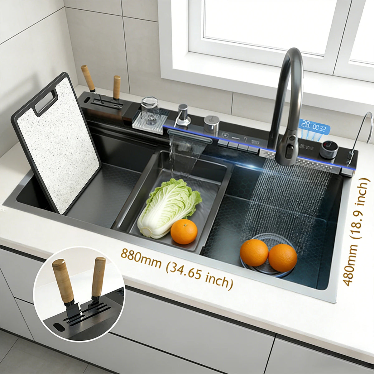 Stainless Steel Sink Large Slot Waterfall Digital Display