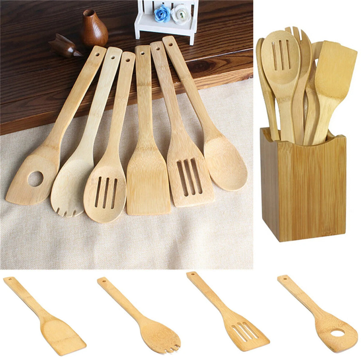 Wooden Spoons Cooking 6-Piece Nonstick Bamboo Cooking Utensils