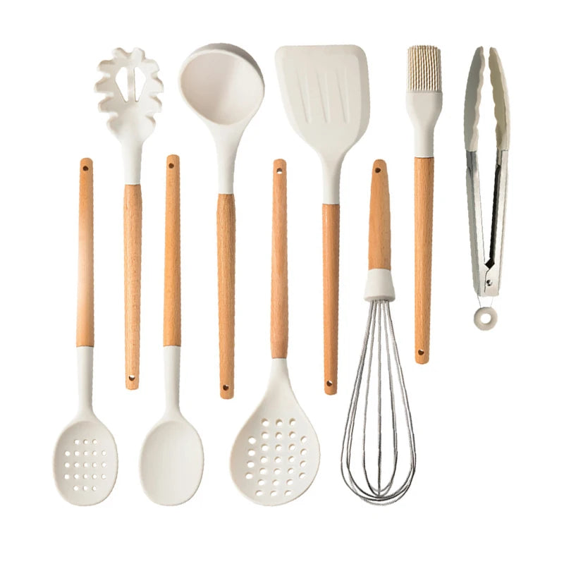 White Silicone Wooden Handle Soup Spoon Spatula Brush