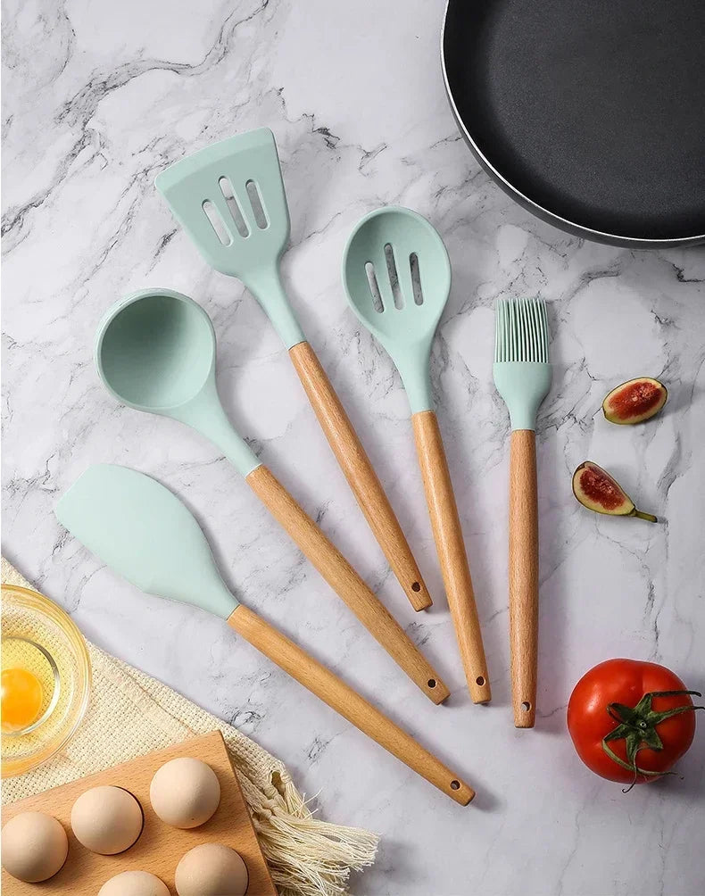12pcs Of Multi-Color Silicone Wooden Handle Kitchenware Non