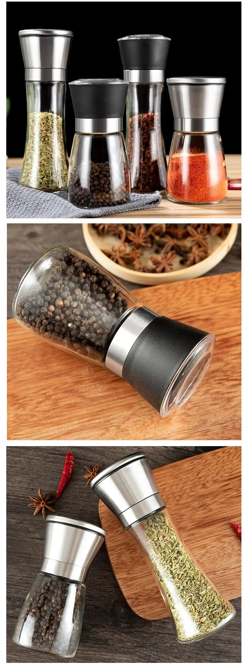 180/200ml Pepper Grinder Stainless Steel Glass Spice Bottle