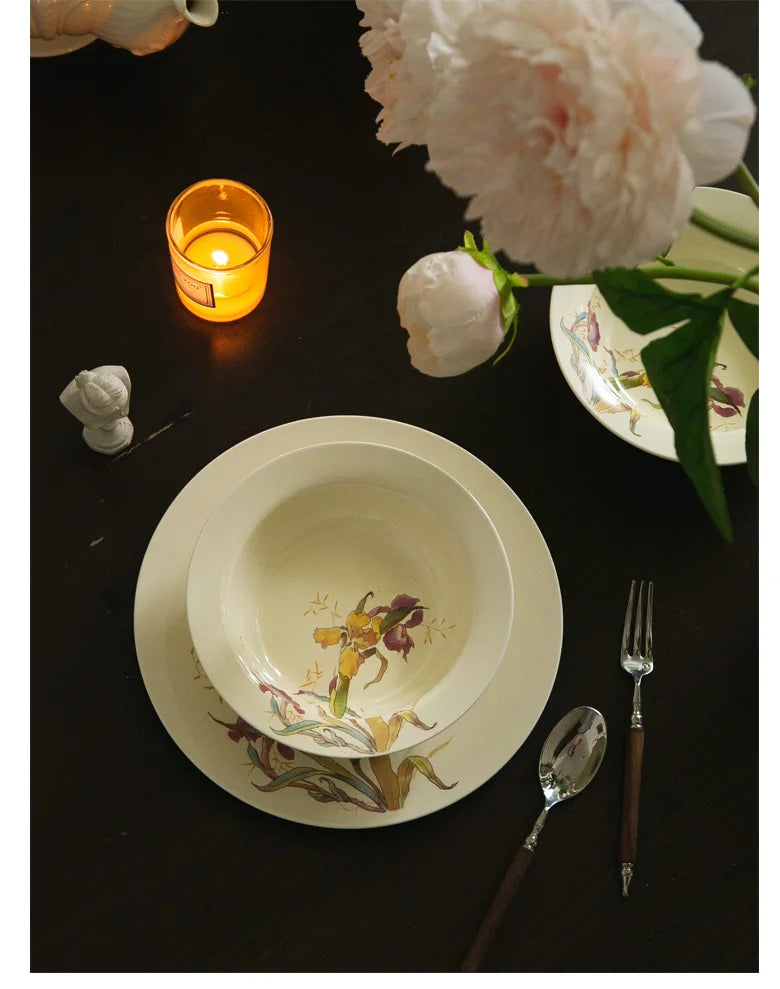 Ceramic Dinner Plate French Iris Dessert Bowl Dishes